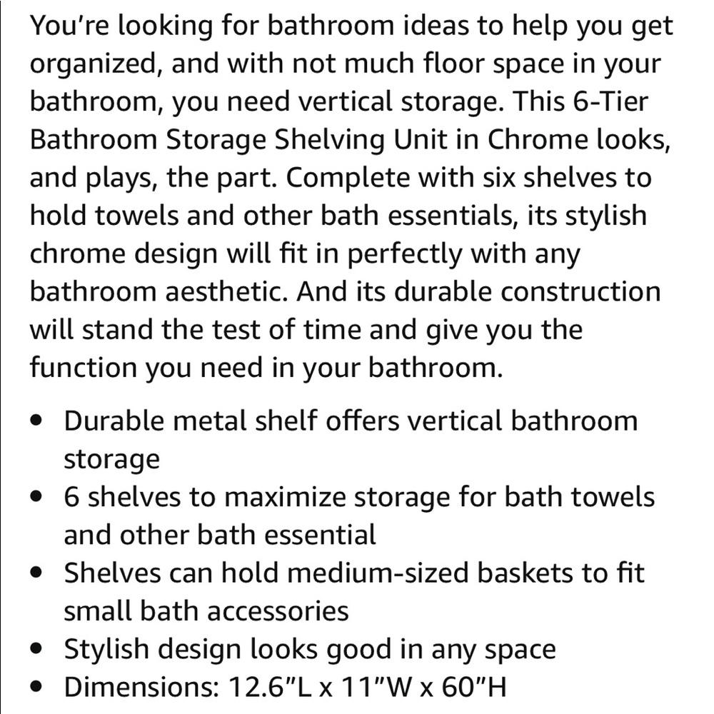6 Tier Metal Tower Bathroom Storage Shelf Chrome - Picture 3 of 3